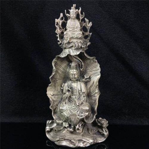 5.12"Collection Chinese White copper Handmade Kwan-yin Bodhisattva Buddha statue
