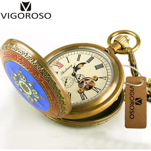 Retro Antique Vintage Pure Copper Mechanical Pocket Watch Double Hunter Tourbillon Pocket Watch reloj Fob Watch Luxury Men W/box