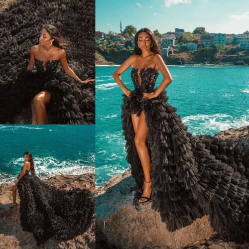 Black High Split Ruffles Prom Dress Glitter Sequins Robe De Soiree Sweetheart Lace Custom Made Evening Gowns