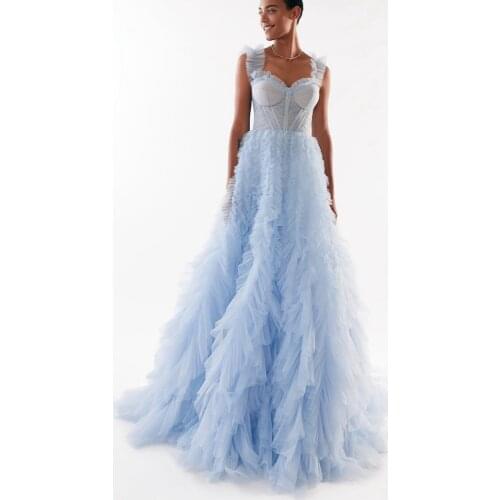 Baby Blue Tulle Dress Long Ruffled Prom Gowns Party Dresses Sweetheart Sweep Train vestidos de fiesta Pageant Dress Real Photo