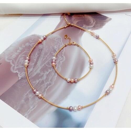 Hot sell summer sweet candy color natural genuine pearl jewelry,female high quality gold necklace bracelet set with extension