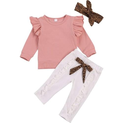 FOCUSNORM 1-5Y Autumn Lovely Baby Girls Clothes Sets Ruffles Long Sleeve Pullover Solid Tops Hole Pants Leopard Headband