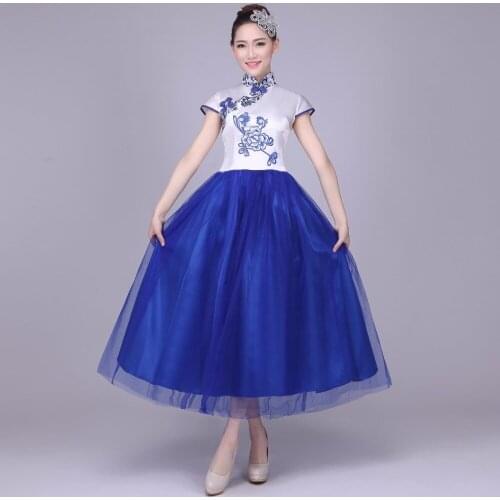 Royal blue white women Folk Dance Fan Dance costumes chinese Ancient Traditional Dress Chinese Yangko stage Dancing clothes