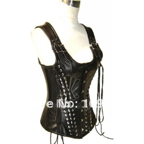Annzley Corset! Black Leather Corset Luxury Strap Tight Lacing Authentic Cowhide Steel Boned Overbust Corset