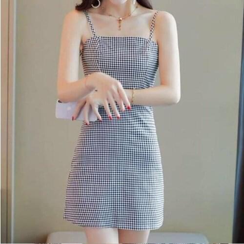 Summer Sexy Buttocks Sexy Camisole Dress Women Sexy Thin Plaid Dress Women