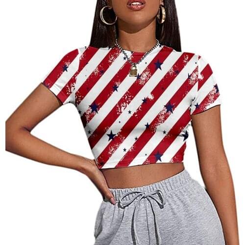 Summer T-Shirt Lady Clothes American Flag Star Print Slim Pullover Tops Women O-Neck Short Sleeve Independence Day Casual