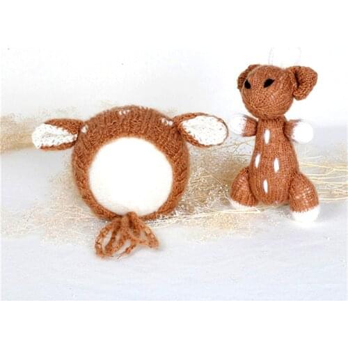 Mohair baby deer hat Newborn Reindeer bonnet with toy set Handmade knitted baby deer bonnet matching toy photography props