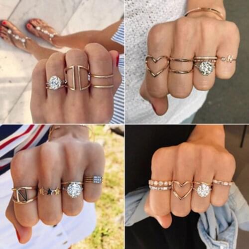 R4PCS/Set Ring Alloy Rhinestone Hollow Out 5-Pointed Star Fashion Jewelry Carved Geometry N-shape Finger Knuckle Hoop For Women