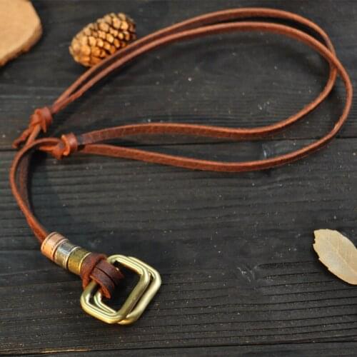 NIUYITID Rectangle Pendant Necklace For Men Genuine Leather Necklace Brown Black Rope Chain Male Jewelry Drop Shipping