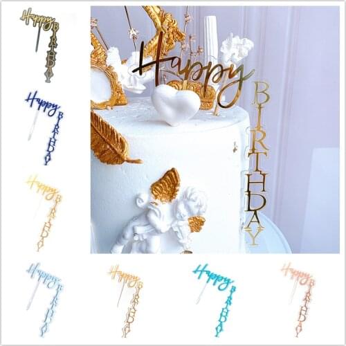 Ins New Happy Birthday Cake Topper Rose Gold Acrylic Vertical Creative Gold Cake Topper For Birthday Party Cake Decorations