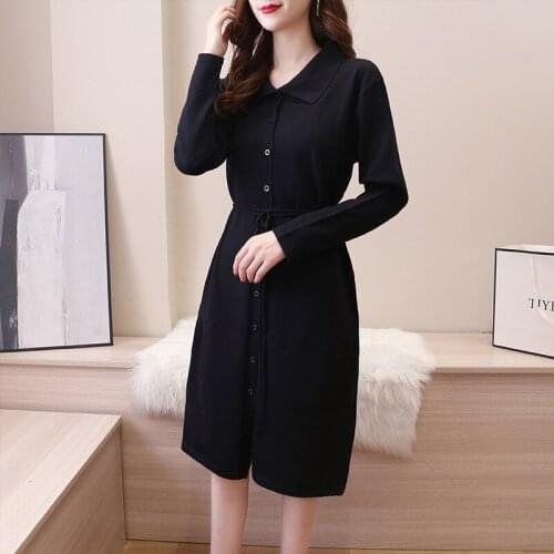 Winter New Long Sleeve Elegant Tunic Sweater Dress Women Solid Elegant Fashion Dress Knitted Warm Basic A-Line Dress
