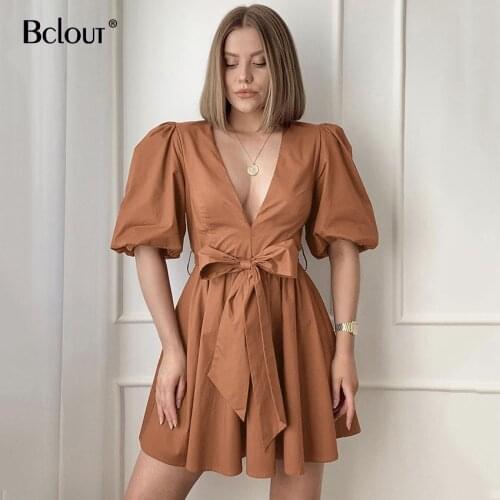 Bclout Vintage V Neck Short Sleeve Woman Dress 2021 Sexy A-Line Mini Dresses Spring High Waist Chic Vestido Sashes Female Bow