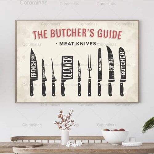 Meat Knives The Butchers Guide Poster Prints Butcher Shop Wall Art Home Decor Butcher Diagram Kitchen Picture Canvas Painting