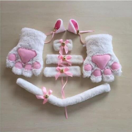 Cat Cosplay Costume Props Set Kitten Tail Ears Collar Paws Gloves Kit for Halloween Accessory Hairband Ears Neko Fantasy Set