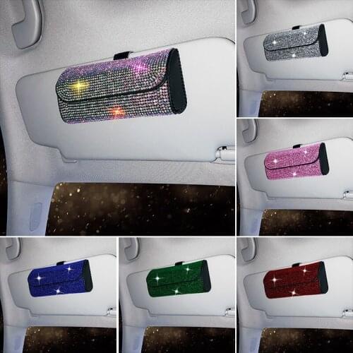 Colorful Rhinestones Diamond-inlaid Ladies Hanging Glasses Case Multi-function Glasses Clip Car Sun Visor Glasses Storage Box