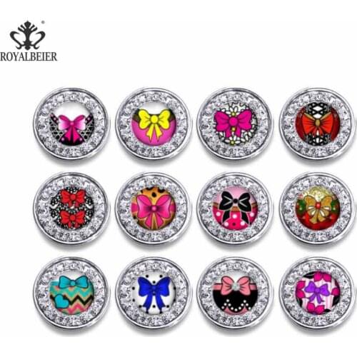 ROYALBEIER New 12pcs/lot 18mm Metal Bow-knot Rhinestones Snap Buttons Wedding Invitation Dexoration Women Jewelry KZ1015