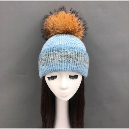 Wool beanie Mix Colors Winter Warm Knitting Hat With Fur Pompom Cute Streetwear Skullies Beanies Ski Womens Cap 2021 New