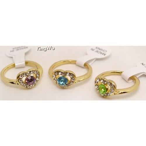 Yingwu 30pcs Wholesale Ring Bulk Lots Jewelry Fashion Gold Color Womens Ring Heart Rhinestone Wedding Rings