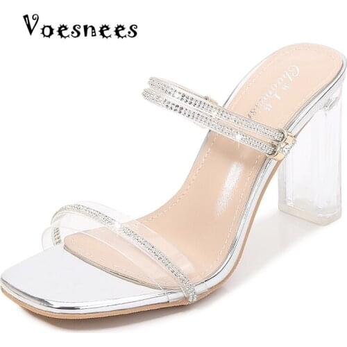 Summer WomensTrend Sandals Rrhinestone Shiny Word With Thick Heel Slippers Square Head Transparent Sandals Elegant Woman Shoes