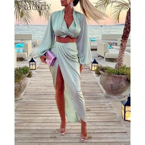 Women Elegant Satin Solid Color Lantern Sleeve Top and High Waist Ruched Side Slit Irregular Midi Skirts 2pcs Set