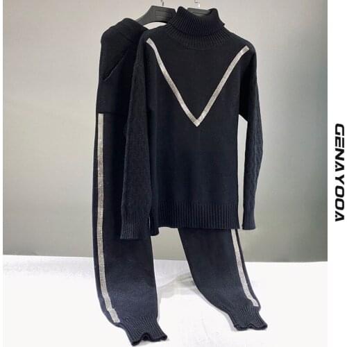 Genayooa Winter Two Piece Set Top And Pants Causal 2 Piece Set Women Knitted Sweat Tracksuits Streetwear 2piece Set Women 2021
