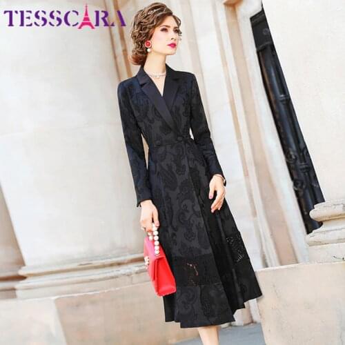 TESSCARA Women Autumn Luxury Jarquard Blazer Dress Female Vinatge Office Party Robe High Quality Designer Long Trench Vestidos