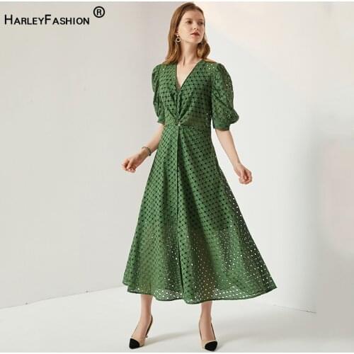 HarleyFashion 2021 New Summer Elegant Sexy V-neck Hollow-Out Hole Solid Color Holiday Green French Dress High Quality
