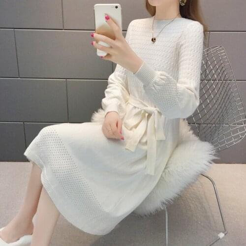 2020 Spring Autumn Knitted Dress Women Plus Size Elegant Solid color Long Sleeve A-line High Waist Plus Size Women Dress D3317
