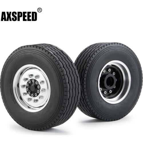 AXSPEED 2Pcs Metal Alloy Front Wheel Hub Rims with Black Rubber Tires for 1/14 Tamiya RC Trailer Tractor Truck Car Parts