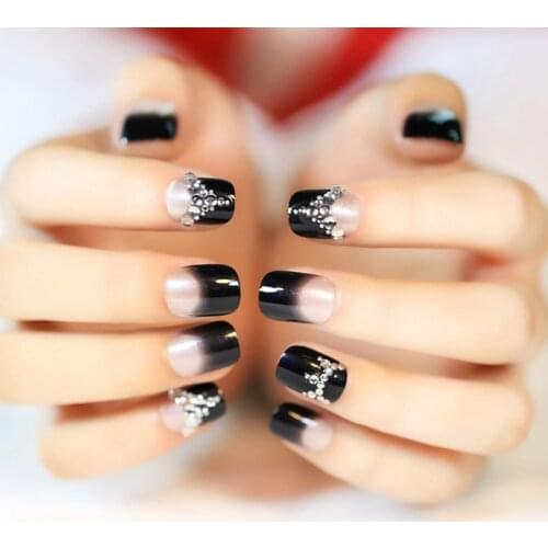 Shine Fake Nail Tips Black French Lady Nails Clear Moo Nail Art Rhinestones Acrylic Nails Decoration Z394