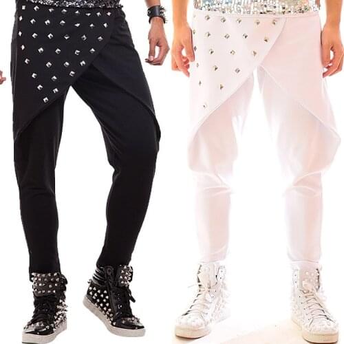 Punk style Fashion Mensharem pants Costumes Nightclub bar Male Personality Rivets Harem Pants Stage show performance trousers