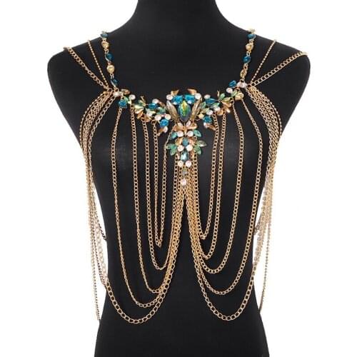 Fashion Metallic Tassel ncecklace Body Chain Luxury Crystal Shoulder Chain Jewelry Womens Dresses Wedding Accessories