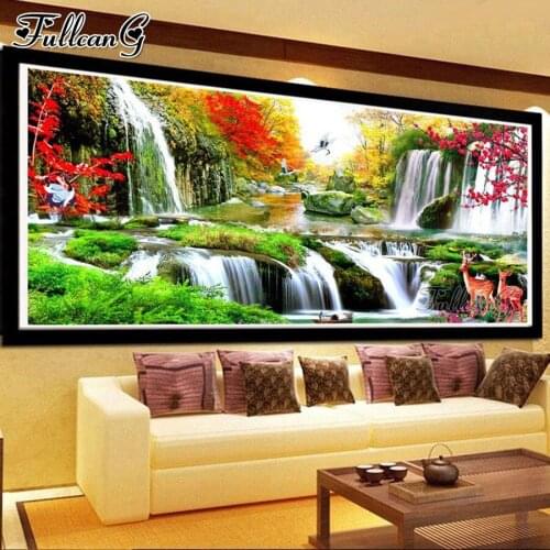 FULLCANG Natural scenery waterfall deer 5d diy large diamond painting full square round rhinestone embroidery kits FG0284