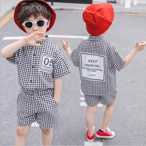 Hot Sale Brand Boys Clothing Children Summer Boys Clothes plaid Kids Boy Clothing Set T-shit+Pants Cotton
