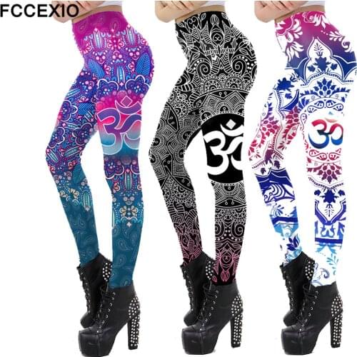 FCCEXIO The OM Symbol Mandala Leggings Print Womens Workout Fitness Leggin Plus Size Ankle Pant Slim Elastic Legins Trousers