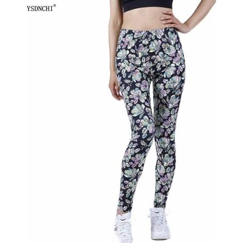 CUHAKCI New Sexy Women Legging Yellow Pink Flower Printing Fitness Fashion High Waist Leggins Push Up Pants Polyester Breathable