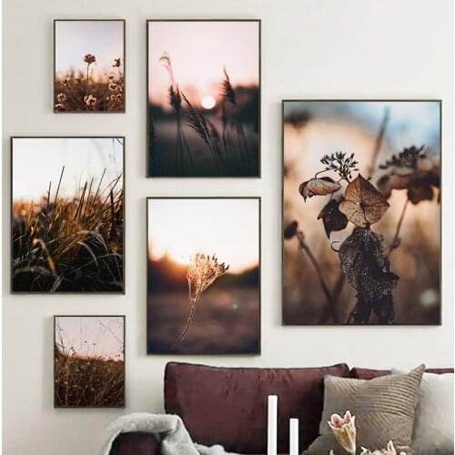 Sunset Nature Scenery Wall Art Painting Poster And Prints Reed Field Brown Flowers Grass Canvas Pictures Living Room Home Decor