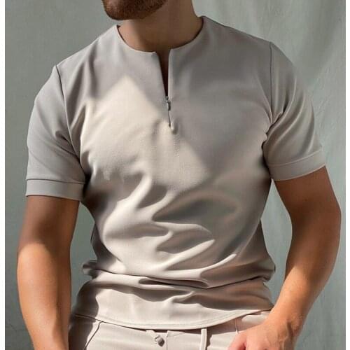Solid Color Summer Stylish Men T-Shirt Short Sleeve Zipper Round Neck Casual Daily Wear Wild Fitting Pullover Tops 2021 Newest