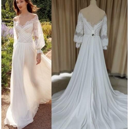 9352# Gorgeous O Neck Sheer Long Sleeve Chiffon Bohemian Lace Wedding Dress Appliques Tulle A Line Bridal Gown Sweep Train