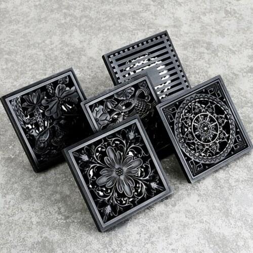 Drain 10cm Square Black Brass Shower Drain Strainer Floor Cover Art Carved Balcony Bathroom Bath Accessories Grate Waste