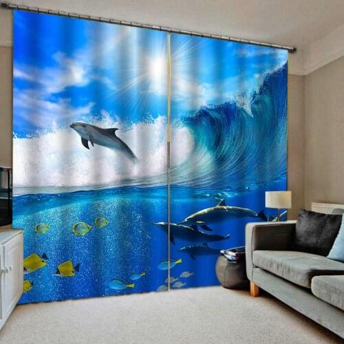 Blackout curtain 3D Curtains Living Room Bedroom Drapes Cortinas Customized size blue sky water dolphin curtains