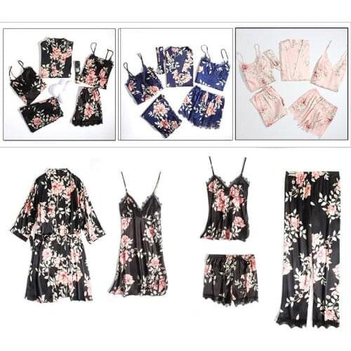 Sexy Fashion M-XXL Women 5PC Pajamas Strap Top Pants Suit Sleepwear SetsNightwear Kimono Bath Robe Gown Bathrobe