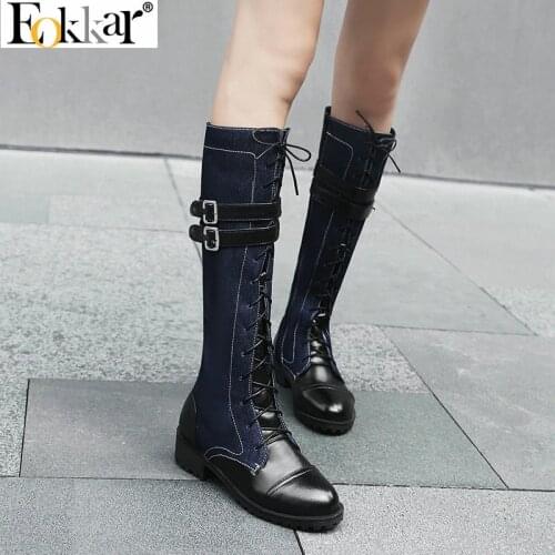 Eokkar 2020 Denim Casual Thigh High Boots Round Toe Med Heels Mid Calf Boots Buckle Black Thick Heels Platform Big Size 45 Boots
