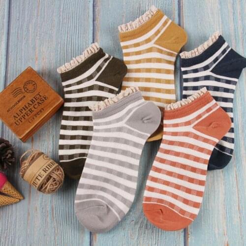Woman Lace Cuff Cotton Checked Ankle Sock Girls Mustard Summer Cotton Boat Sock Students Plaid Socks Striped Crew Sock 5 Pairs