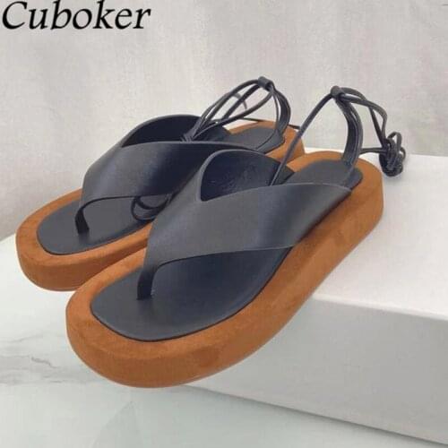 2021 Brand Runway Women Flip Flops Thick Bottom Leather Ankle Straps Ladies Slides Summer Vacation Beach Sandalias Mujer Woman