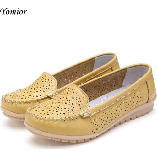 Yomior Summer Real Cow Leather Women Shoes Fashion Shallow Breathable Loafers Slip on Mother Flats Big Size Driving Shoes