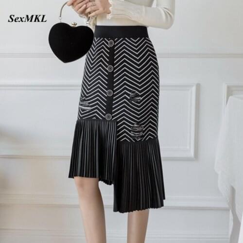 Women Sexy Black Knitted Long Skirts 2020 Fashion High Waist Striped Bodycon Skirt Elegant Korean Clothes Winter Office Skirt