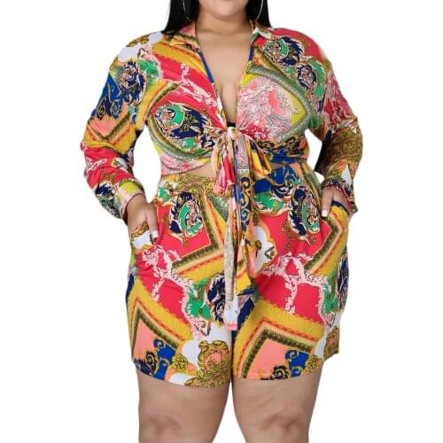 Plus Size Sets Wholesale Two Piece Set Women Print Shirts Crop Top and Shorts Elastic Waist Casual Streetwear Dropshipping 2021