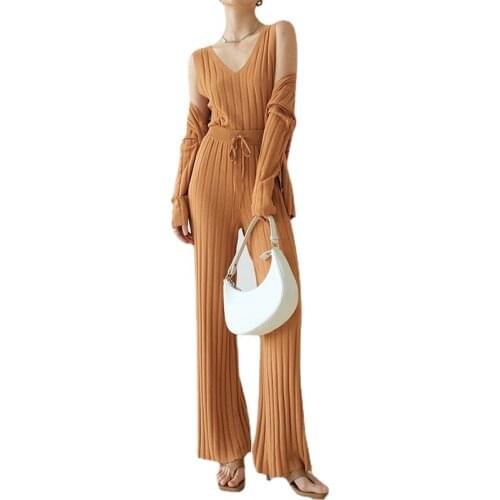 New Knitted Womens Tracksuit V-neck Long Sleeve Cardigan + Sleeveless Vest +Drawstring Wide Leg Pants Suits 3 Piece Set Casual