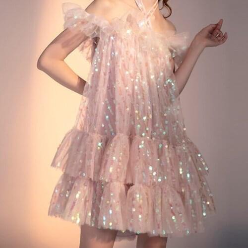 2021 Summer Designer Women Slash Neck Halter Sexy Cake Midi Dress Luxurious Womans Mesh Sequins Runway Party Mini Dresses Shiny